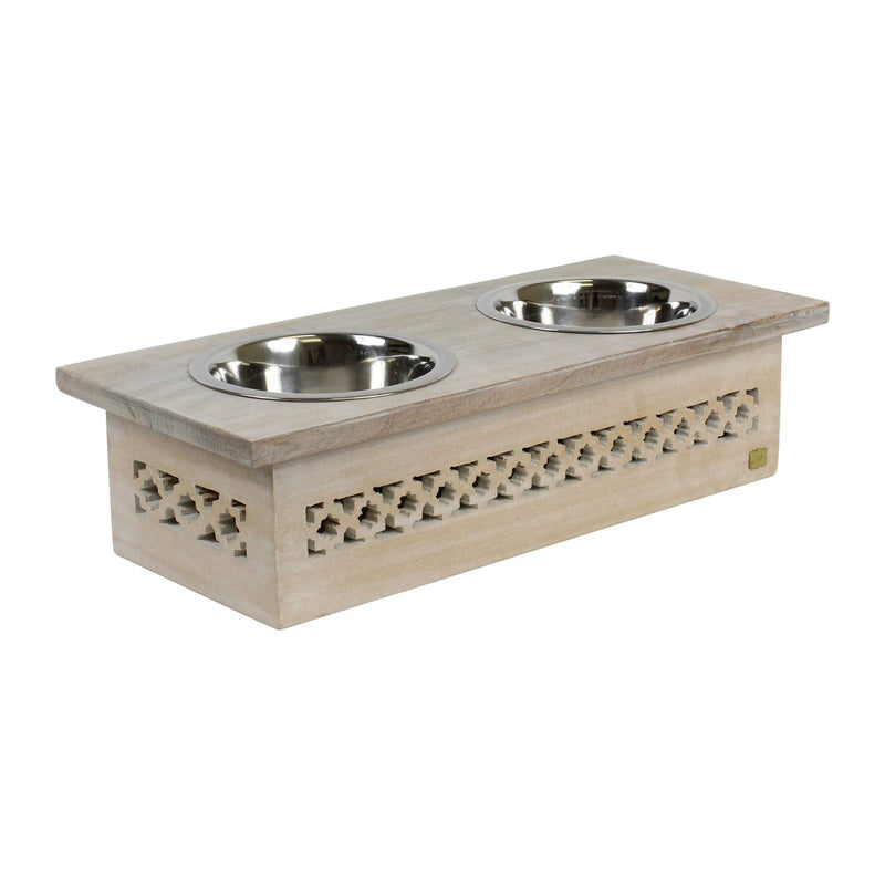 BOXER PET FEEDER IN WHITEWASH - MANGOWOOD  AND STAINLESS STEEL