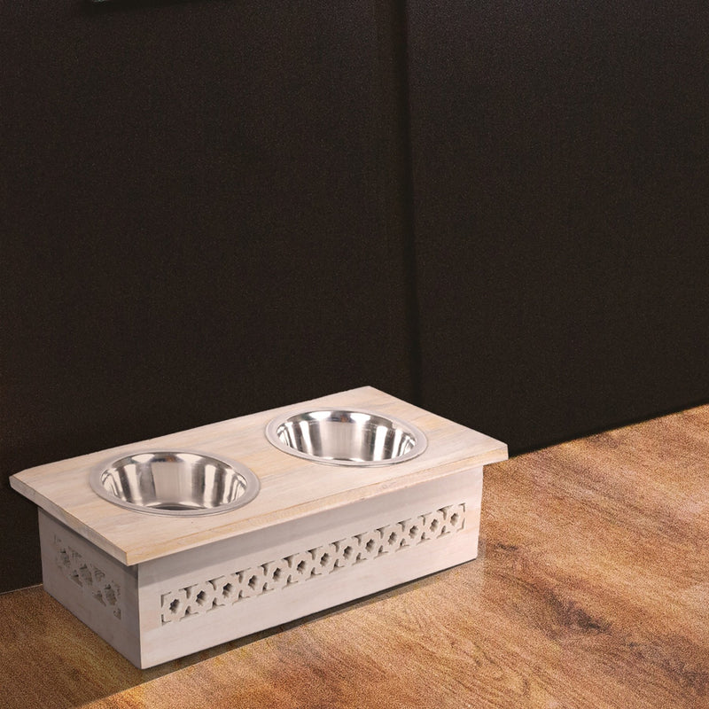 BOXER PET FEEDER IN WHITEWASH - MANGOWOOD  AND STAINLESS STEEL