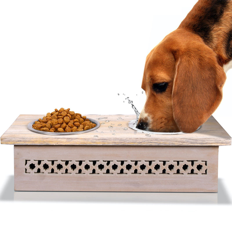 BOXER PET FEEDER IN WHITEWASH - MANGOWOOD  AND STAINLESS STEEL